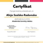 Alicja-Szalska-Radomska-Certyfikat-ukonczenia-Akademii-korekty-tekstu