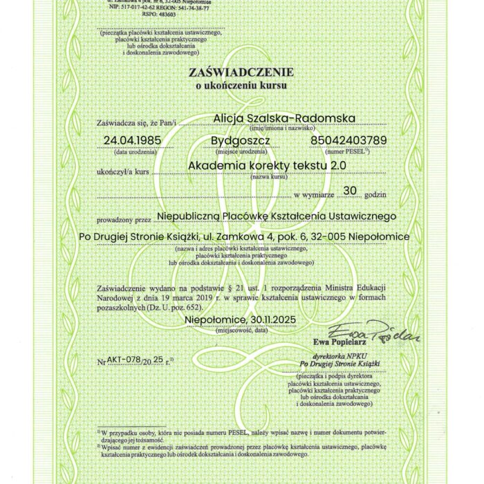 Certyfikat AKT 2.0 - Alicja Szalska-Radomska Certyfikat AKT 2.0 - Alicja Szalska-Radomska